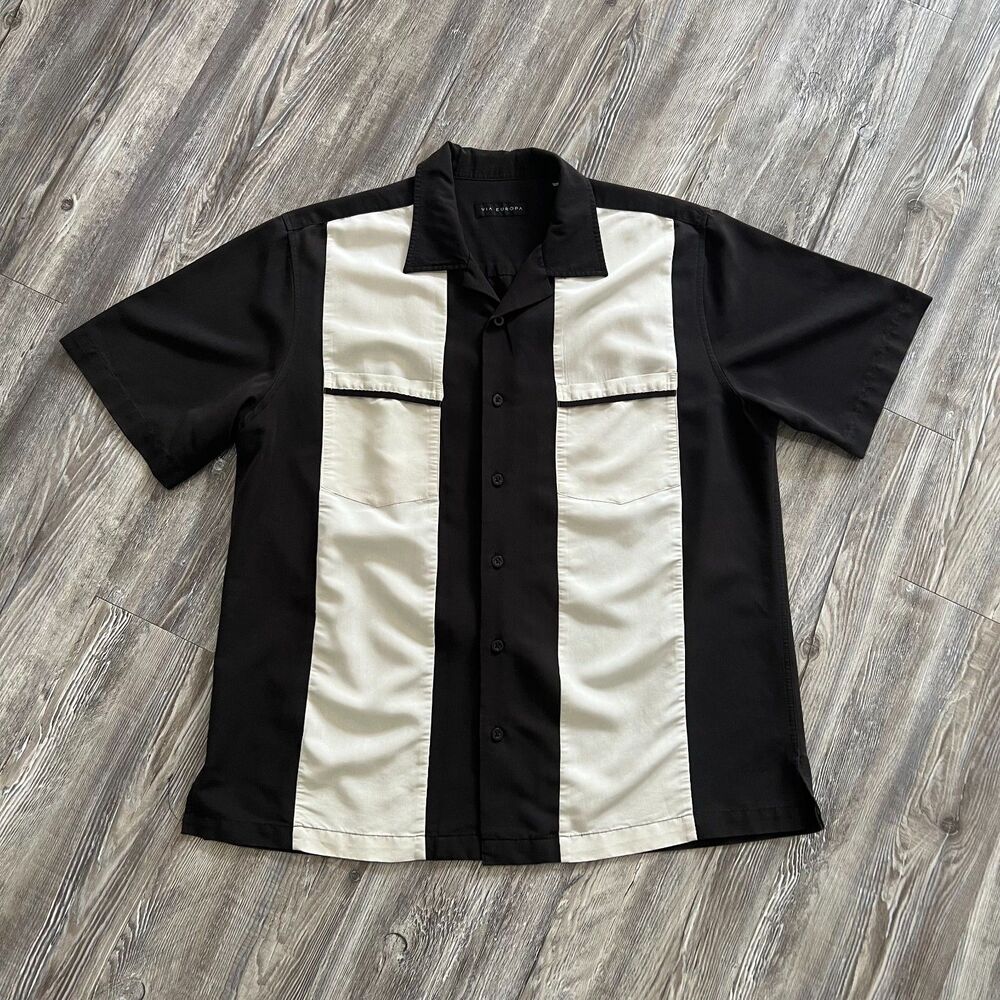Via Europa Black Cream Bowling Shirt Rayon Medium Retro Panel